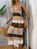 back to school Sanches  Cutout Colorblock Hand Crochet Beach Long Skirt Bikini One-Piece Sunscreen Cover Up Skirt