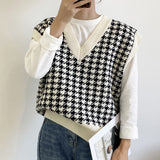 back to school Spring Fashion Loose Houndstooth Knitted Vest Sweater Casual V Neck Sleeveless Thick Sweater Female Waistcoat Chic Tops 17502