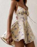 Amfeov 2022 Summer Women New Floral Print Drawstring Halter Backless A-Line Dress