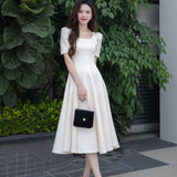 Amfeov Summer Women Vintage Elegant Short Sleeve Midi Dress Lady Evening Party A Line Fashion Prom Female Clothing Vestido