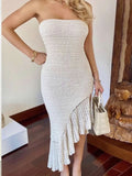 Amfeov White Strapless Knit Dress Women Fashion Irregular Tassels Midi Dress 2023 Summer Sexy Hollow Out Vacation Beach Outfits Casual