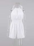 AMFEOV Cotton Linen Short Jumpsuit Women Halter Neck White Romper Lace-Up Sleeveless Elastic Waist Shorts Overalls Vacation