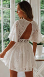 Amfeov Flare Sleeve Cotton White Lace Dress Women Casual Ladies Summer High Waist Short Dress Backless Hollow Out Vestidos