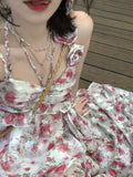 Amfeov back to school Summer Print France Vintage Long Dress Women Floral Beach Party Sweet Strap Dress Female Korea Style Backless Sexy Dress 2024