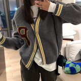 Fall outfits back to school Autumn and winter new sweater Korean version of the letter knitted jacket cardigan women loose contrast color casual jacket