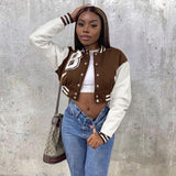 Amfeov Brown Baseball Fashion Fall Jackets For Women 2022 Patchwork Button Black Crop Top Jackets Coats Red Varsity Bomber Jacket