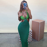 Amfeov Green Backless Maxi Dress For Women 2023 Summer Halter Hollow Out Sleeveless Beach Dress Y2K Fashion Knitted Slim Party Dress