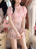 Amfeov back to school Korean Sweet Kawaii Two-piece Set Women Summer Lolita Cute Plaid Skirt Suit Female Puff Sleeve Blouse + Pleated Mini Skirt 2024