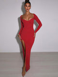 Amfeov Ribbed Knit Maxi Dress For Women Autumn Winter Long Sleeve Slit Bodycon Party Dress 2023 Lady Elegant Red Christmas Club Outfits