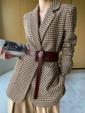 Christmas Gifts Autumn Women Vintage Houndstooth Woolen Blazer Jackets Fashion Elegant Casual Outerwear Coat With Belt Female Cardigan Clothes