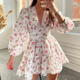 Amfeov back to shcool Summer Dresses For Women 2024 Spring New Temperament Sweet V-Neck Lace Short Dress Long Sleeve White Printed Woman Dresses