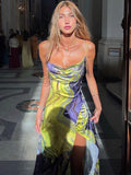 Amfeov Fashion Printed Maxi Dress Elegant Sexy Spaghetti Strap Draped Slim Party Dress For Women Backless Slit Summer Beach Dress 2023