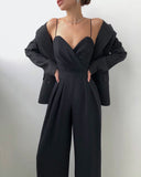 AMFEOV Classy Lady Suspender Jumpsuit Pleated V-Neck Wide Leg Floor-Length Overalls Summer 2024 High Street Female Jumpsuit