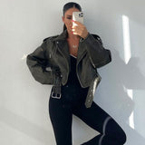 Amfeov Fall outfits back to school Washed PU Leather Women's Jacket Vintage Collar Short Coat Belt Zipper Female Overcoat Loose Casual Motorcycle Streetwear Tops