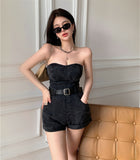 Amfeov 2022 Summer Tube Top Denim Jumpsuit Shorts High Waist Fashion Jumpsuit Female Rompers With Free Belt Overalls