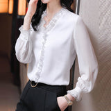 Back To School Amfeov 2022 Spring 4XL Plus Size Lace Ruffles Chiffon Shirts Women Office Lady Clothing Long Sleeve Pullovers New Elegant Blouse 18313