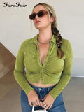 Amfeov 2022 Blue Sexy Women Crop Top Y2k V Neck Casual Ruched Long Sleeve Summer Green T Shirt Fashion Female Tee Vintage