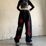 Amfeov Alt Clothes Ripped Jeans Red Star Print Y2k Pants Goblincore Cyber Y2k Pants Wide Leg Denim Pants Casual Straight Baggy Trousers