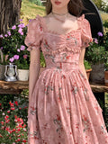 Amfeov back to school Summer Print Floral France Vintage Dress Women Puff Sleeve Evening Party Midi Dress Female Lace Elegant Sweet Fairy Dress 2024