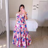 Amfeov Summer Floral Dress Women Plus Size Elegant Off Shoulder Party Dress High Quality Chiffon Ruffle A-Line Dress Casual