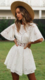 Amfeov Flare Sleeve Cotton White Lace Dress Women Casual Ladies Summer High Waist Short Dress Backless Hollow Out Vestidos