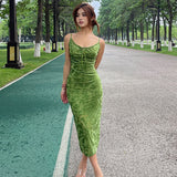 Amfeov back to shcool High Quality 2024 Summer Women Grass Green Velvet Barbecue Spicy Girl Open Back Slim  Strap Dress Spring  Medium Length shirt