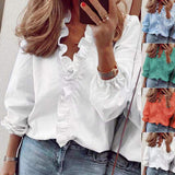 Amfeov back to school 2024 Summer Casual Ruffles Ladies Shirt Office Lady Blouses Women Floral Long Sleeve Loose Female White Clothing Blusas 18246