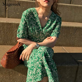 Amfeov back to school French Style Green Long Dress Summer Floral Printed V-neck Dress for Women Casual High Waist Mid Length New Dress Vestido 14146