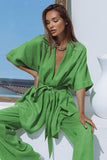 AMFEOV Green Vacation Trousers Suits Casual 2 Pieces Suits Half Sleeves Wrap Shirts And Wide Leg Pants Summer Outfits 2022