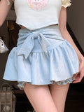 Amfeov back to school Summer Blue Japanese Kawaii Mini Skirt Women Hight Waist Sweet Cute Cake Skirt Female Bow Korea Casual Princess Mini Skirt 2024