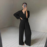 Amfeov Back to School Spring Autumn Two Piece Wide Leg Pant Suits  Women Tracksuit Sets Casual Single Breasted Female Turn Down Collar Shirts Top