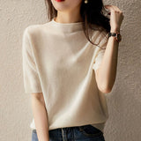 Amfeov back to school Casual Korean Knitted Blouse Women 2024 New Women Tops Half-Turtleneck Fashion Chic Clothes Summer Solid Loose Clothing 13777