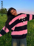 Amfeov Fall outfits back to school  Pink Stripe Fluffy Sweaters Y2k Kawaii Fall Winter Clothes Women Oversized Pullovers Long Sleeve Top Knitwears C70GZ50