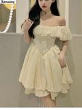 Amfeov Summer French Style Women Elegent Party Prom Mini Dress Female Fashion Fairy Chic Bandage Clothes Vestidos