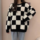 Amfeov Autumn Winter Sweater Women Korean Fashion Plaid O-Neck Pullovers Streetwear Oversized Sweate Jumper Warm Long Sleeve Top