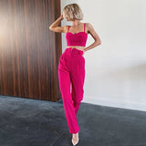 AMFEOV Fashion Two Pieces Trousers Suit Summer Female Pink Suits 2 Piece Set Womens Outfits Corset Top With Pantsuit Orange