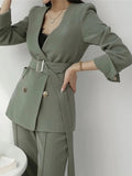 Christmas Gifts Spring And Autumn Women's Office Suit V-Neck Green Two-Piece Sets Female Blazer Girly Elegant Temperament Pantsuit Setup Ladies