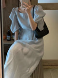 Thanksgiving Day Gifts Women Summer Blue Puff Sleeve Midi Dress Vintage Square Collar Slim High Waist Korean Fashion Casual Beach Dresses Elegant