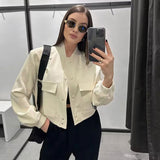 Fall outfits back to school Washed PU Leather Women's Jacket Vintage Collar Short Coat Belt Zipper Female Overcoat Loose Casual Motorcycle Streetwear Tops