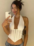 Amfeov back to school Sanche White Y2K Corset Crop Top Women Camis 2024 Sleeveless Halter Backless Bandage Short Tube Tank Top Solid Summer Bustiers