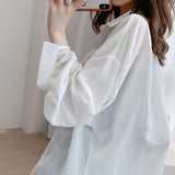 Black Friday Sales White Transparent Chiffon Blouse Chic Women Summer Oversize Puff Long Sleeve Shirt Korean Style Cardigan Basic Sheer Top