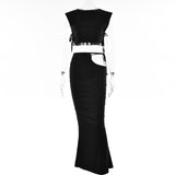 Amfeov Fashion Tie Maxi Skirt Set Black Sleeveless Crop Blouse and Long Skirt Outfits Women Satin Vacation Beach Party Club Dress Set