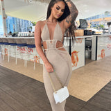 Amfeov Sexy Bodycon Maxi Dress Fashion Hollow Out  Sleeveless Knit Beach Dress Women Halter Backless Party Night Club Outfits 2023