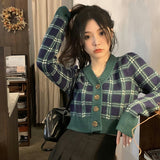 Amfeov Vintage V-Neck Plaid Women's Sweater Single Breasted Cardigan For Women Autumn Winter Korea Fashion Cropped Cardigan