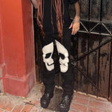 Amfeov   Skull Patterned Low Rise Jeans Streetwear Women Clothing Black Denim Trousers Cyber Y2k Aesthetic Goth Pants C82-DI53