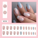 Amfeov Christmas manicure   Fall nails back to school W998 Short ballerina style false nails in marble pattern, with pink and blue color mix