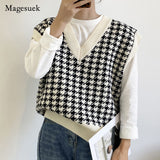 back to school Spring Fashion Loose Houndstooth Knitted Vest Sweater Casual V Neck Sleeveless Thick Sweater Female Waistcoat Chic Tops 17502