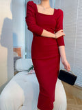 Amfeov Spring Women Summer New Elegant Slim Waist Solid Midi Office Lady Dress Bodycon Fashion Clothes Dresses