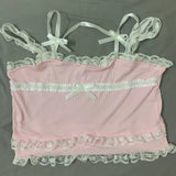 Amfeov back to school Pink Japanese Kawaii Lolita Crop Top Women White Korean College Style Sweet Tank Top Bow Lace France Princess Vset Female 2024