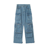 Fall outfits back to school Sigutan New Multi-Pocket Blue Washed Cargo Pants Retro High Street Fashion High Waist Jeans Couple Simple Casual Wide Leg Pants